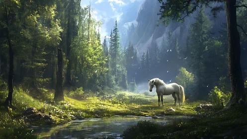 White horse stands in sunlit forest clearing beside stream