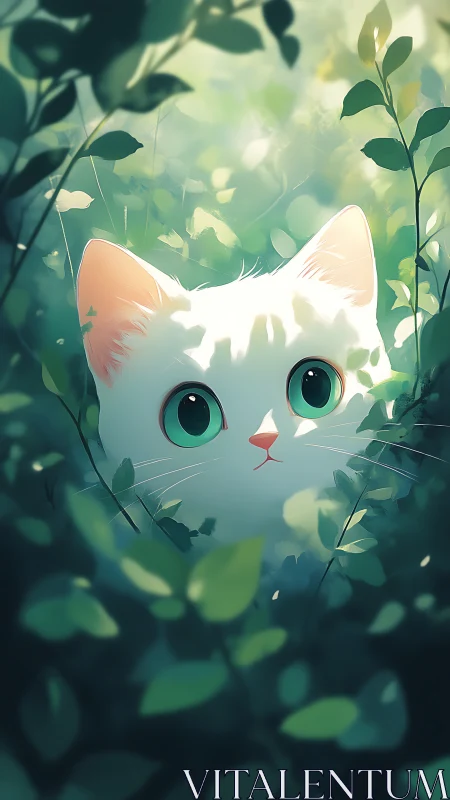 White Cat with Turquoise Eyes in a Sunlit Garden.