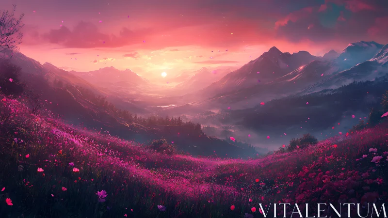Radiant sunset pours over a dreamlike valley of pink blooms