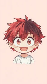 Red haired anime boy portrait on plain pastel background.