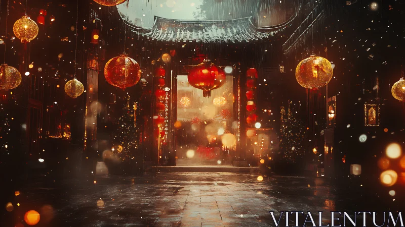 Golden lantern courtyard glows through winter festival rain.