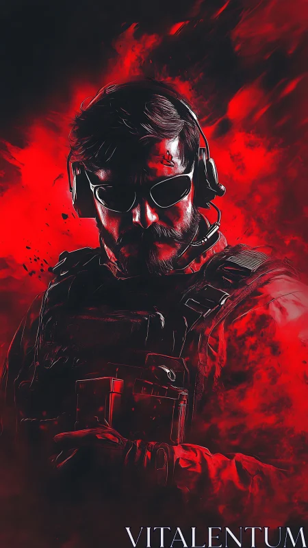 Tactical operator portrait in red abstract digital render.