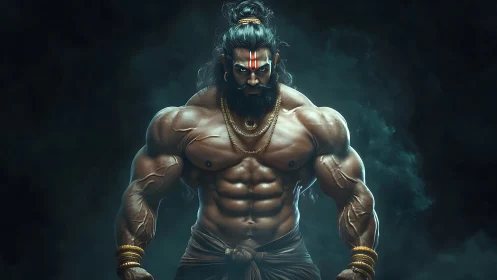 Divine warrior ascends from shadow, carved in thunderous light.