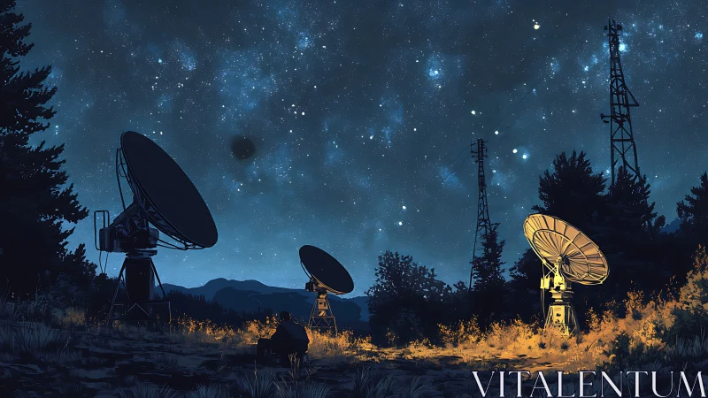 Quiet night sky and glowing radio dishes listening for stars.