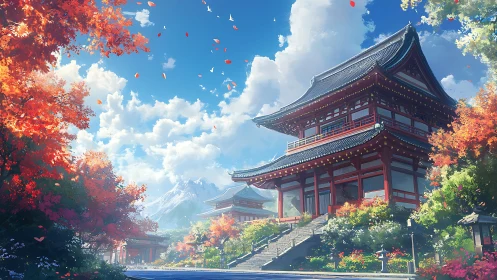Autumn temple complex under vivid sky and distant mountain
