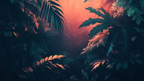 Bioluminescent jungle canopy with dramatic coral light penetration through layered foliage.