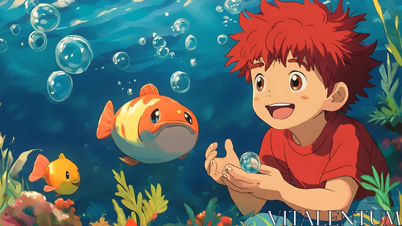 Child with cartoon fish underwater in colorful sea scene.