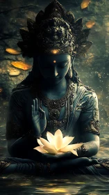 Luminescent lotus over meditative deity in chiaroscuro stillness.