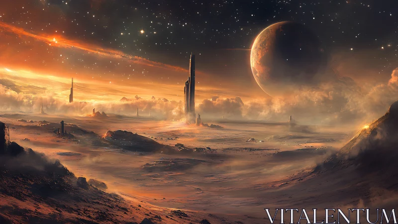 Alien desert world under burning nebula sky glows.