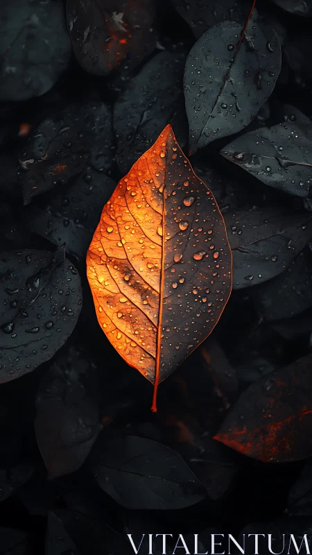 Single orange leaf glows against dark rain-soaked foliage