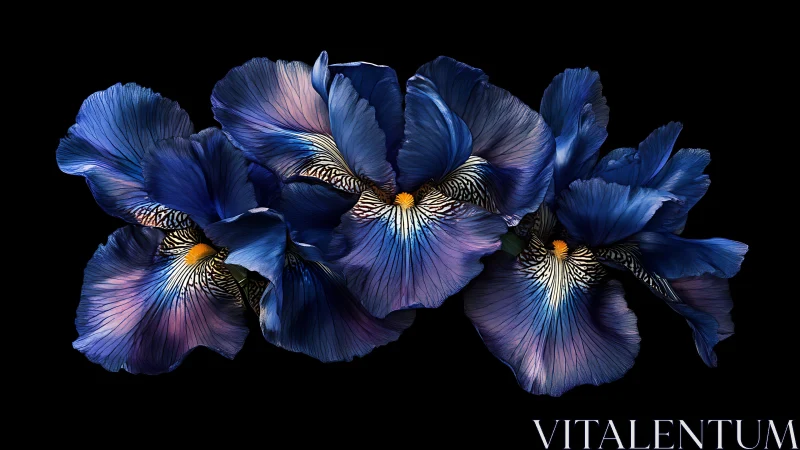 Iris Flowers with Detailed Petal Structure and Dramatic Lighting