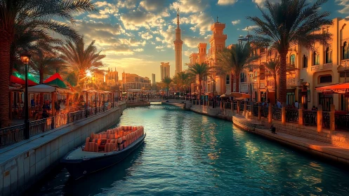 Urban canal with moored passenger boat under warm sunset light