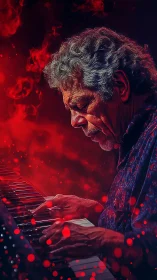 Elderly pianist in red abstract light playing keyboard with focus.
