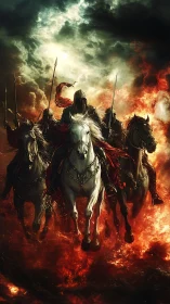 Armored riders charging through apocalyptic inferno skies.