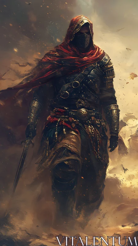 Armored desert rogue advancing through stormlit sandscape