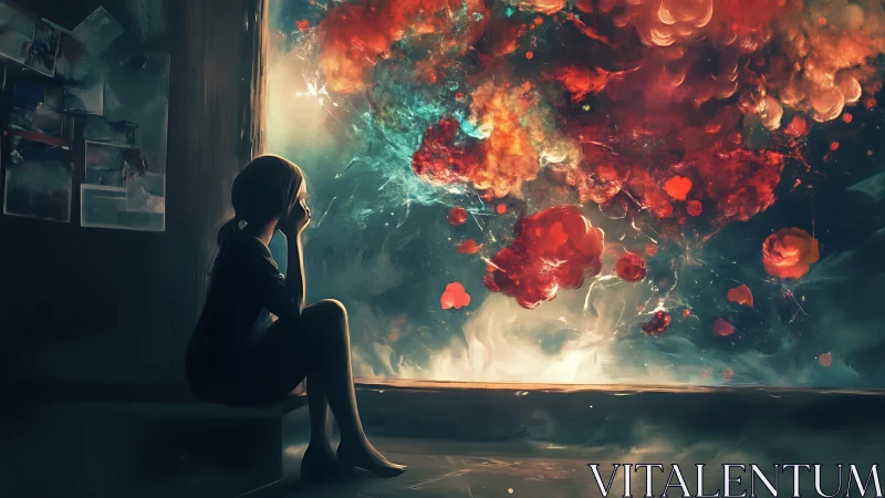 Quiet dreamer watching a storm of painted cosmic clouds.