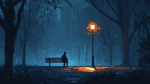 Solitary figure beneath glowing lamppost in misty park