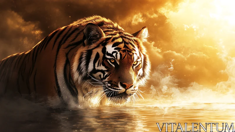 Backlit tiger in golden mist, low-angle waterline perspective