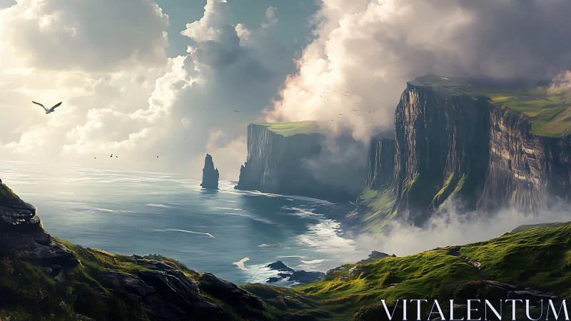 Atmospheric Coastal Cliffs with Volumetric Cloud Rendering and Basalt Columnar Formations