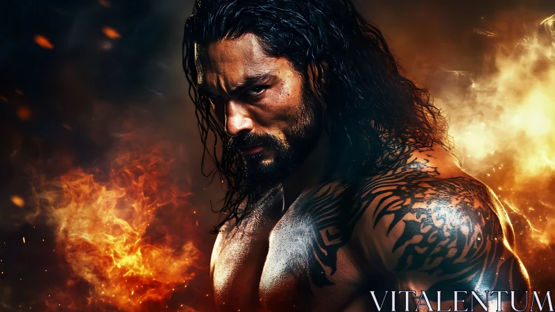 Fierce warrior stares through swirling fire and smoke