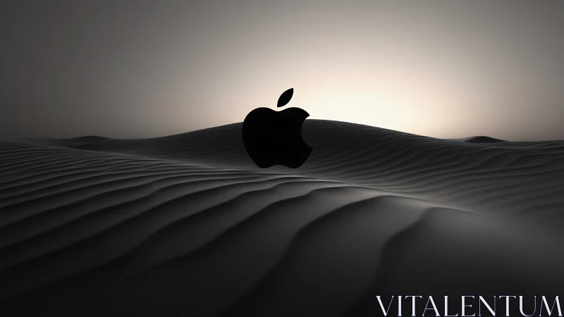Glowing Apple logo rising gently over calm desert dunes.