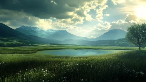 Digital painting of alpine meadow lake under dramatic light.