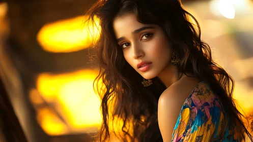 Golden hour portrait with luminous bokeh backdrop.