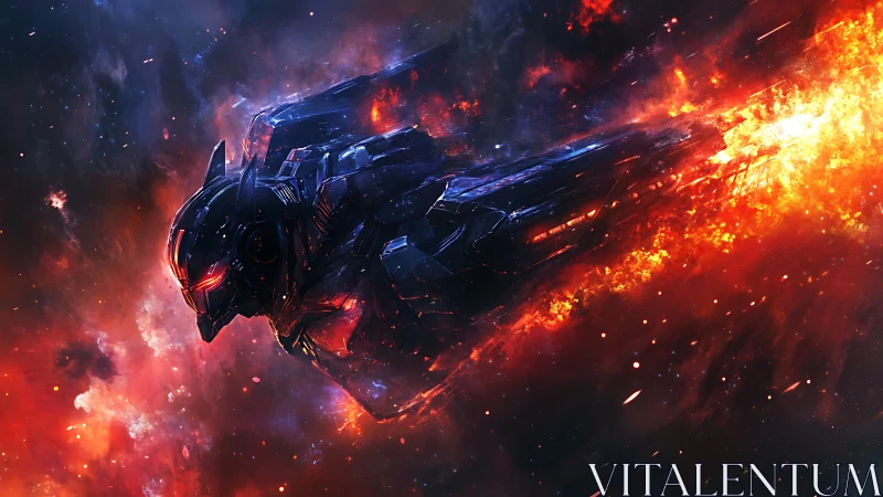 Armored cybernetic starfighter bursts through cosmic fire.