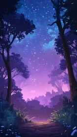 Enchanted forest beneath a starlit sky glowing with magic