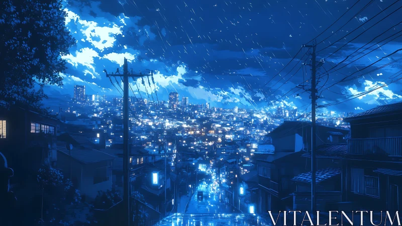 Rainwashed blue cityscape glows under nocturnal skyline.