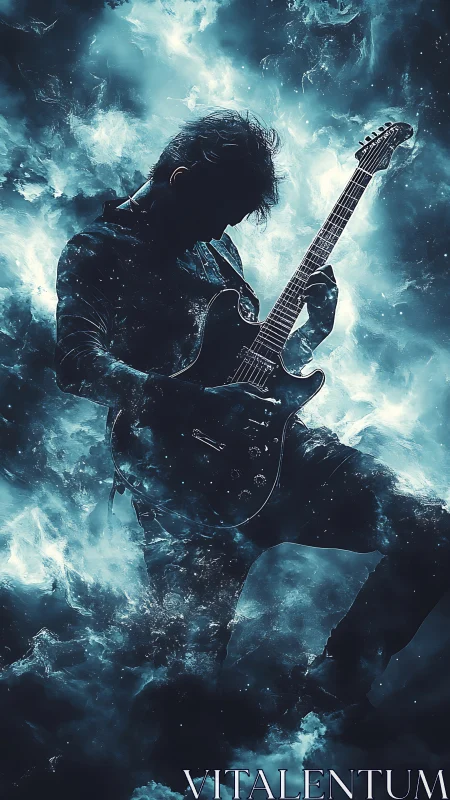 Silhouette guitarist in swirling blue cosmic energy storm.