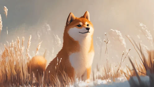 Shiba inu dog standing in warm light among tall dry grass.