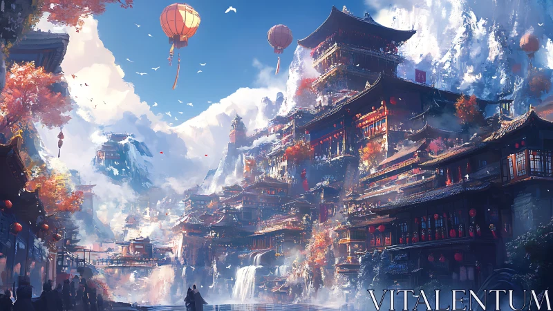 Lantern-lifted mountain citadel glowing in autumn mist.