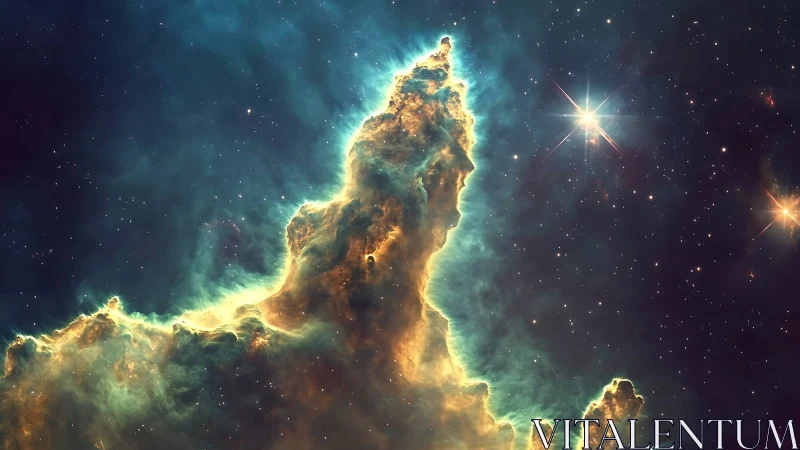 Stellar nebula pillar with teal ionized gas glow in space.