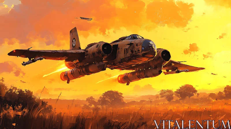 Sunset gunship gliding low across a glowing orange sky.