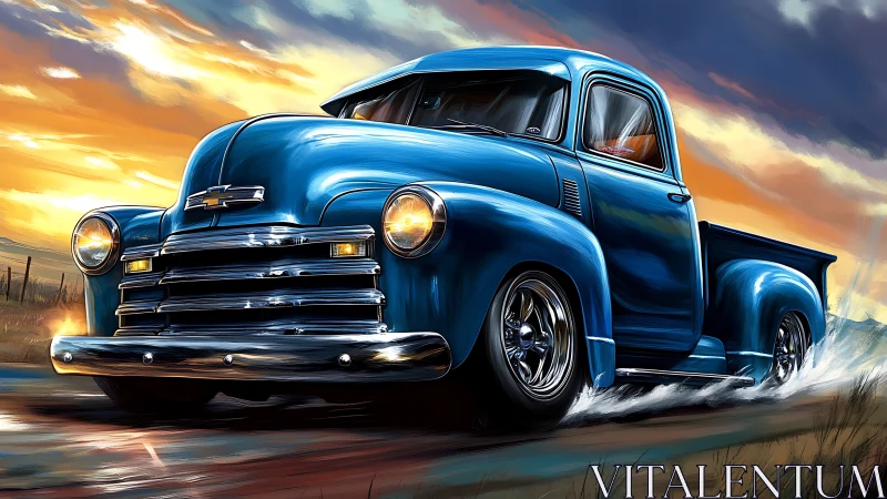 Classic blue pickup cruising into a glowing country sunset.