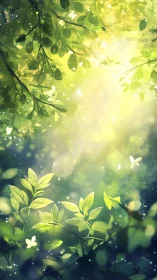Sunlit forest glade with gentle leaves and drifting butterflies.