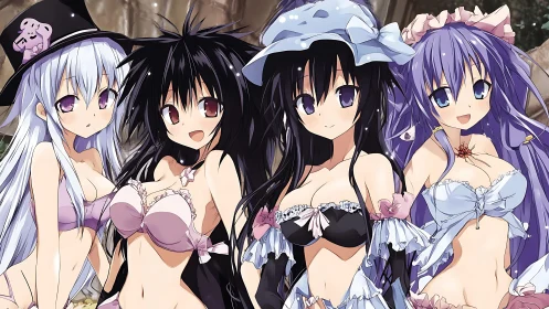 Four anime girls in frilled bikinis under soft forest light.