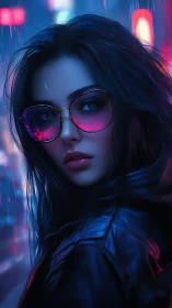 Neon-illuminated cyber noir portrait with reflective optics.