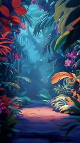 Luminous jungle corridor in stylized 3D botanical composition.