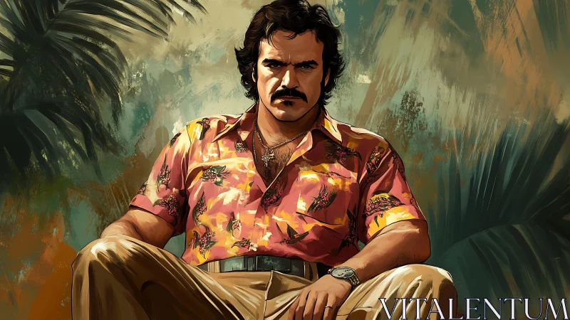 Tropical shirted man in intense digital portrait pose.
