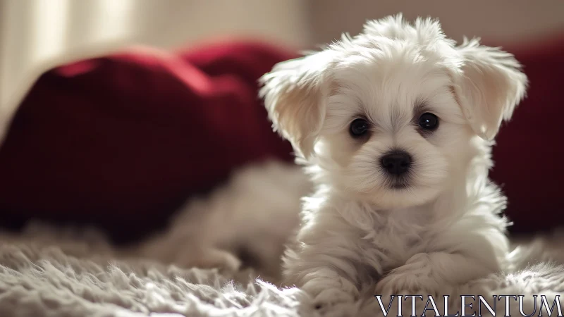 White fluffy puppy rests on soft rug in warm light