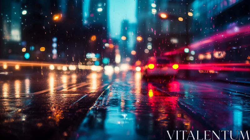 Rain soaked city street reflects neon car lights at night