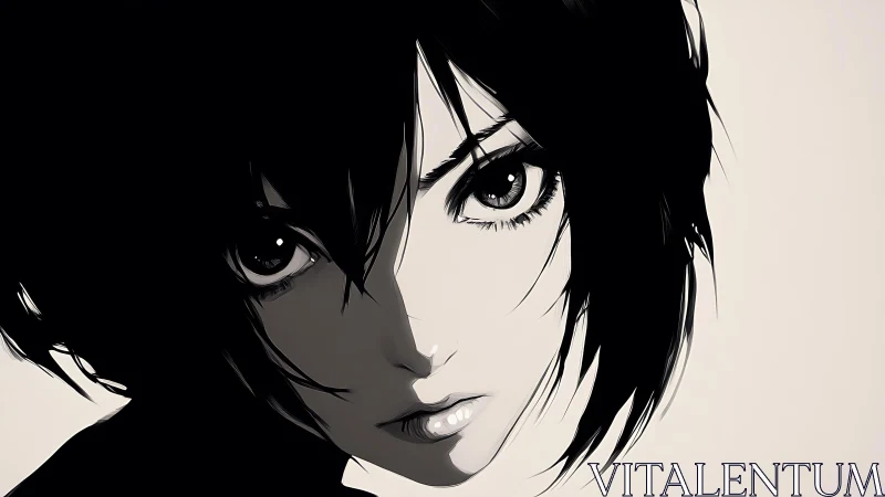 Stark monochrome anime portrait with intense side lighting.