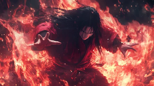 Male figure in red robe controls surrounding fire elements