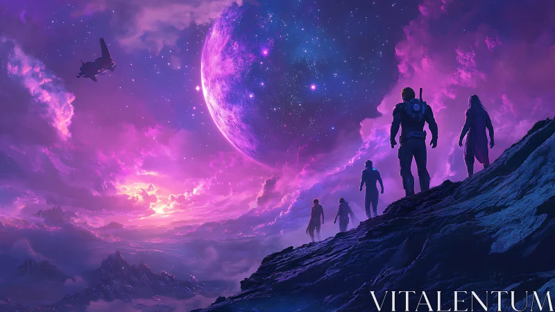 Starlit explorers climb toward a violet cosmic horizon.