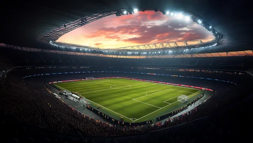 Stadium twilight holds its breath above glowing green pitch