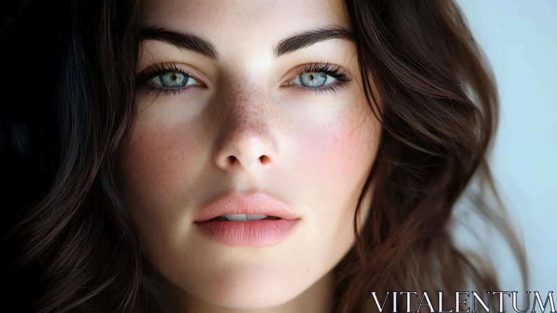 Close-up portrait of young woman with clear blue eyes.