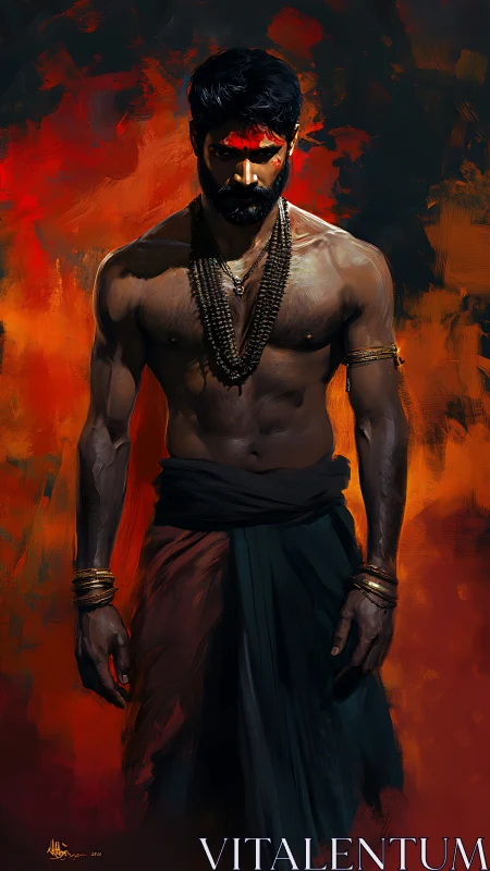 Warrior ascetic emerges against incandescent abstract inferno backdrop