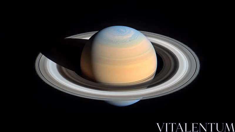 Glowing Saturn drifts in space with softly lit icy rings